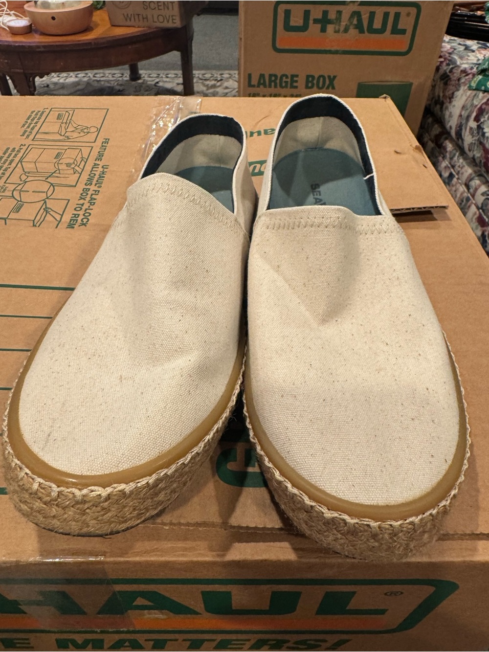 SeaVees Natural Canvas Espadrille Slip-Ons in Beige and Tan